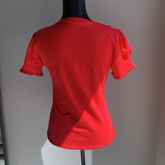 Precchio Colors Concept Red Ruffle Detail Fitted Short Sleeve Knit Top - Picture 3 of 7
